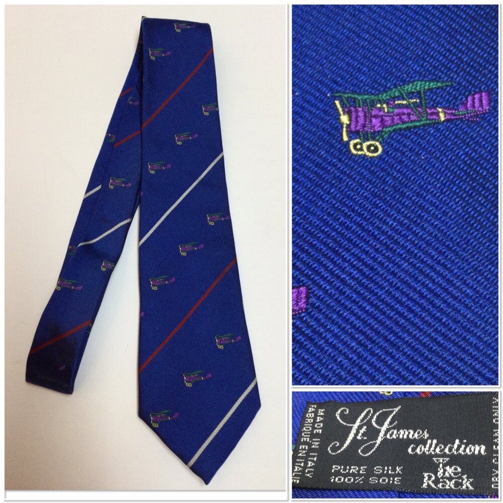 Vtg St James Collection Tie Rack Blue Silk Striped Necktie Airplane Motif Italy